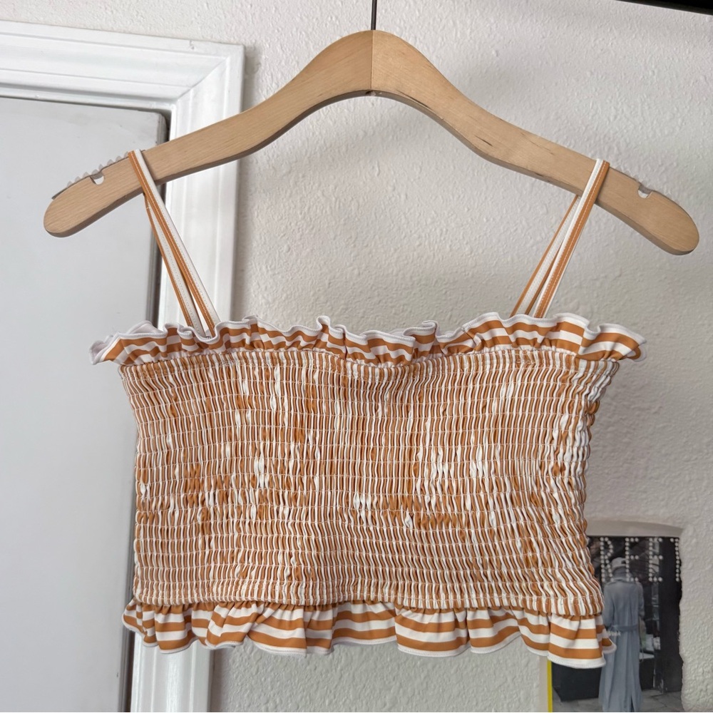 KORTNI JEANE mustard white striped smocked ruffle swim beach summer bikini top